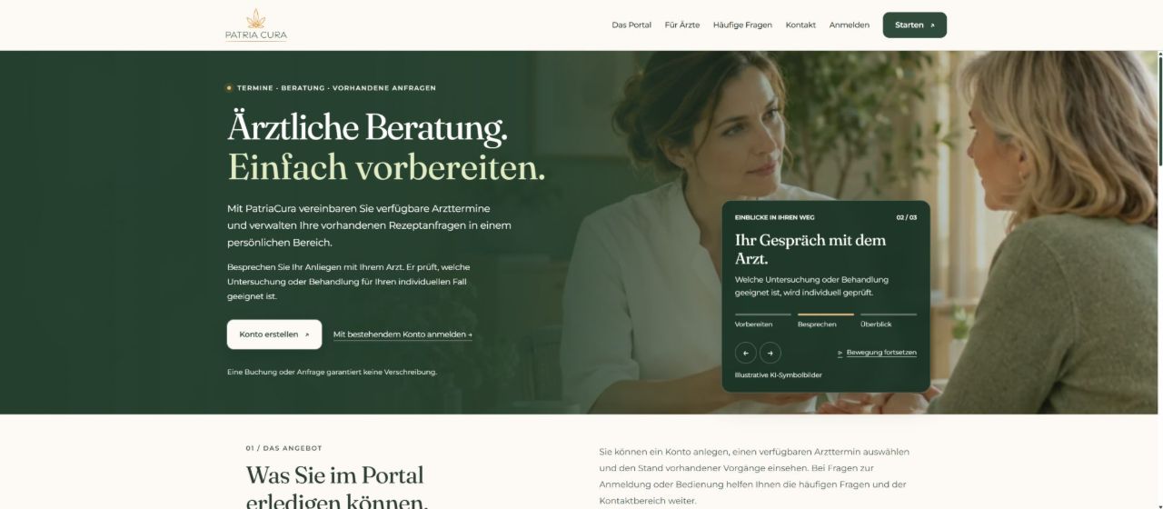 PatriaCura: Entwurf der öffentlichen Startseite mit grüner Gestaltung und klarer Nutzerführung